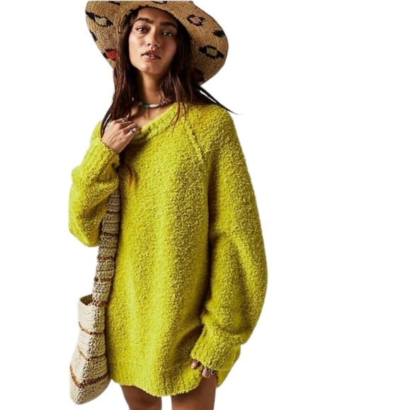 NWT FREE PEOPLE Teddy Tender Shoots Sweater Tunic In Lime Sz M Oversized - Picture 2 of 10